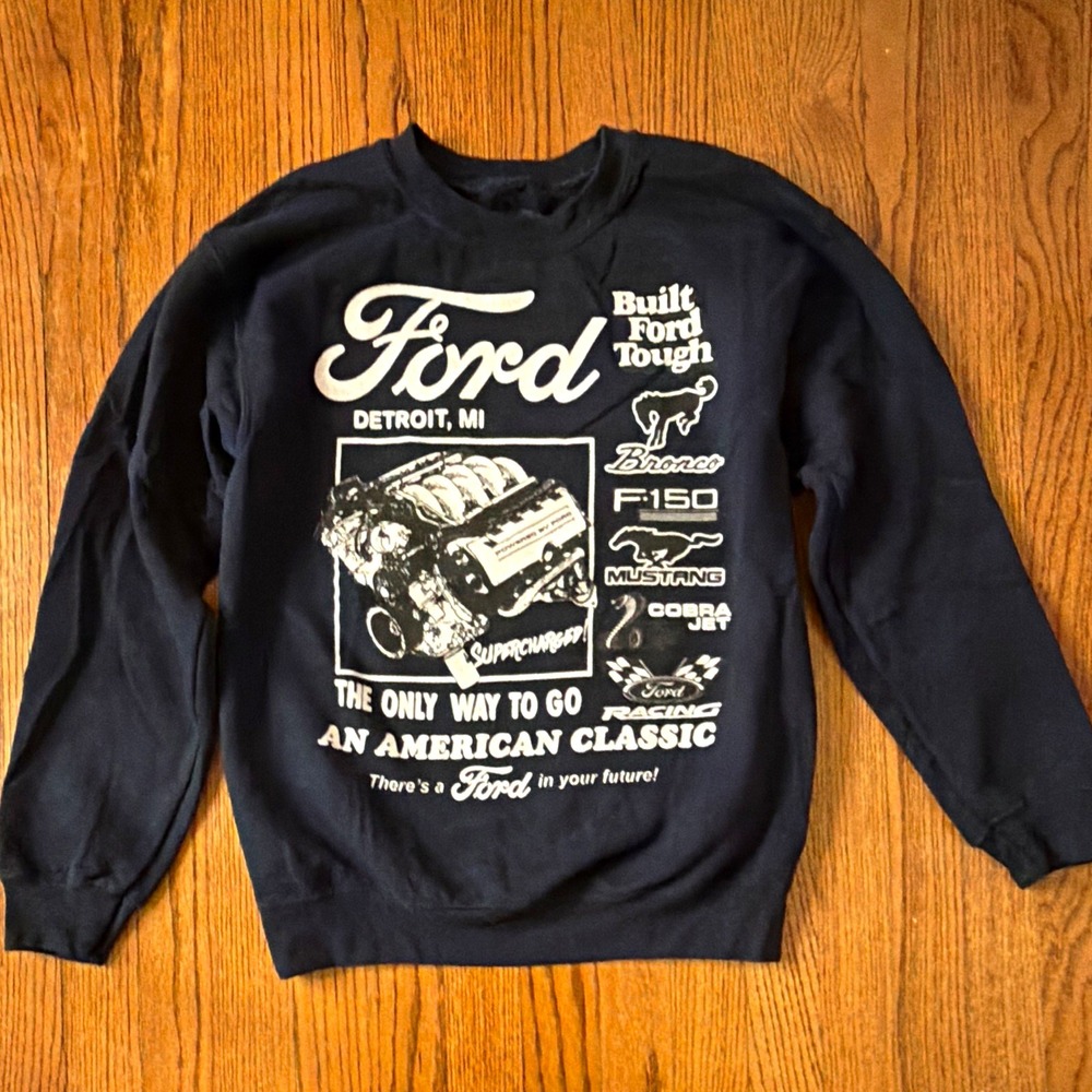 Ford Men's Pullover Fleece Sweatshirt Graphic Logo Blue Long Sleeve Size S